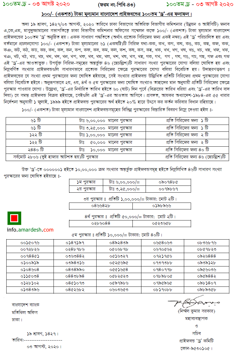 100th Draw Result for Bangladesh Bank 100 Taka Prize Bond – 03 ...